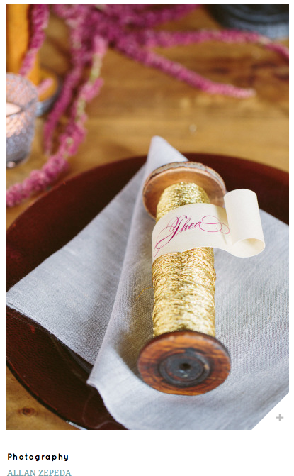golden threaded spool place cards at fairy tale wedding by Alan Zepeda for Style Me Pretty blog